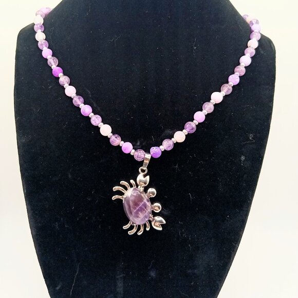Purple Amethyst Beaded Handmade 18 Inch Necklace With Crab Pendant - Picture 4 of 4